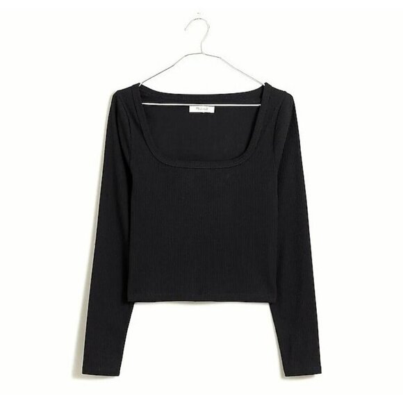 Madewell Square-Neck Long-Sleeve Crop Tee in Sleekhold True Black Women Size XXS - Picture 1 of 10